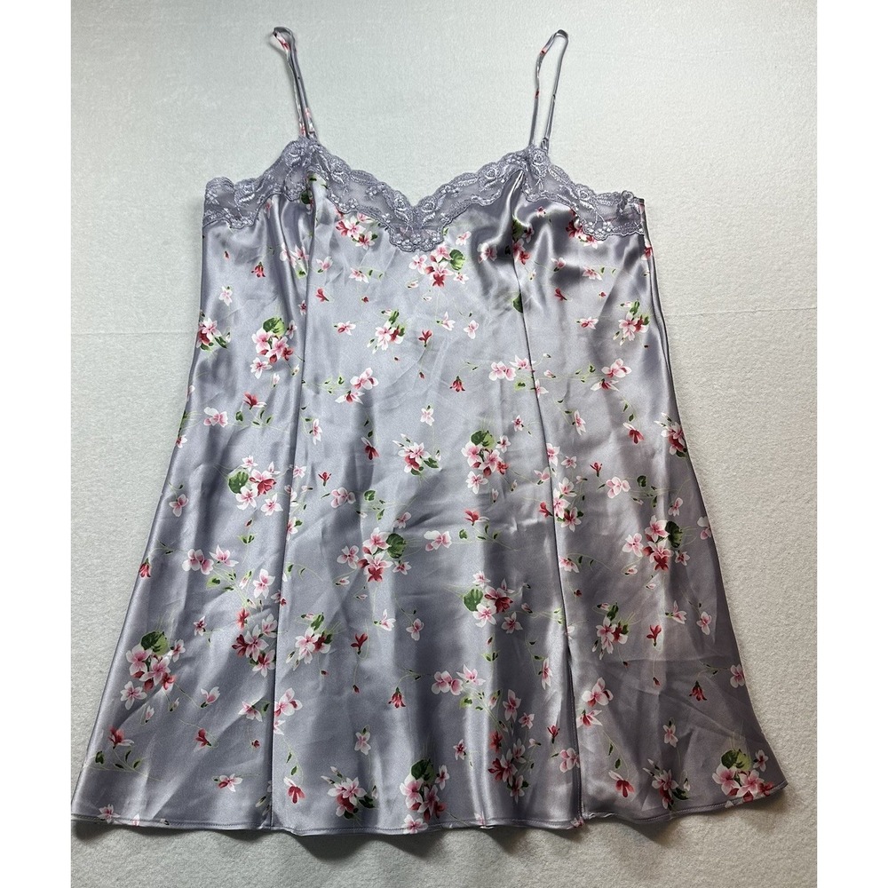 Victoria's Secret 90s Vintage Slip Dress L Purple Satin Floral Lace Nightgown